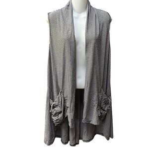 Nyah Women’s Striped Open-Front Sleeveless Cardigan Sz Large Black White Pockets